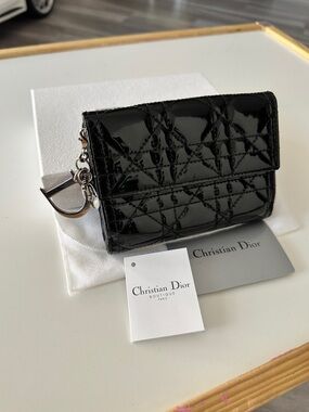 Dior Black Patent Quilted Card Case with Silver Charm